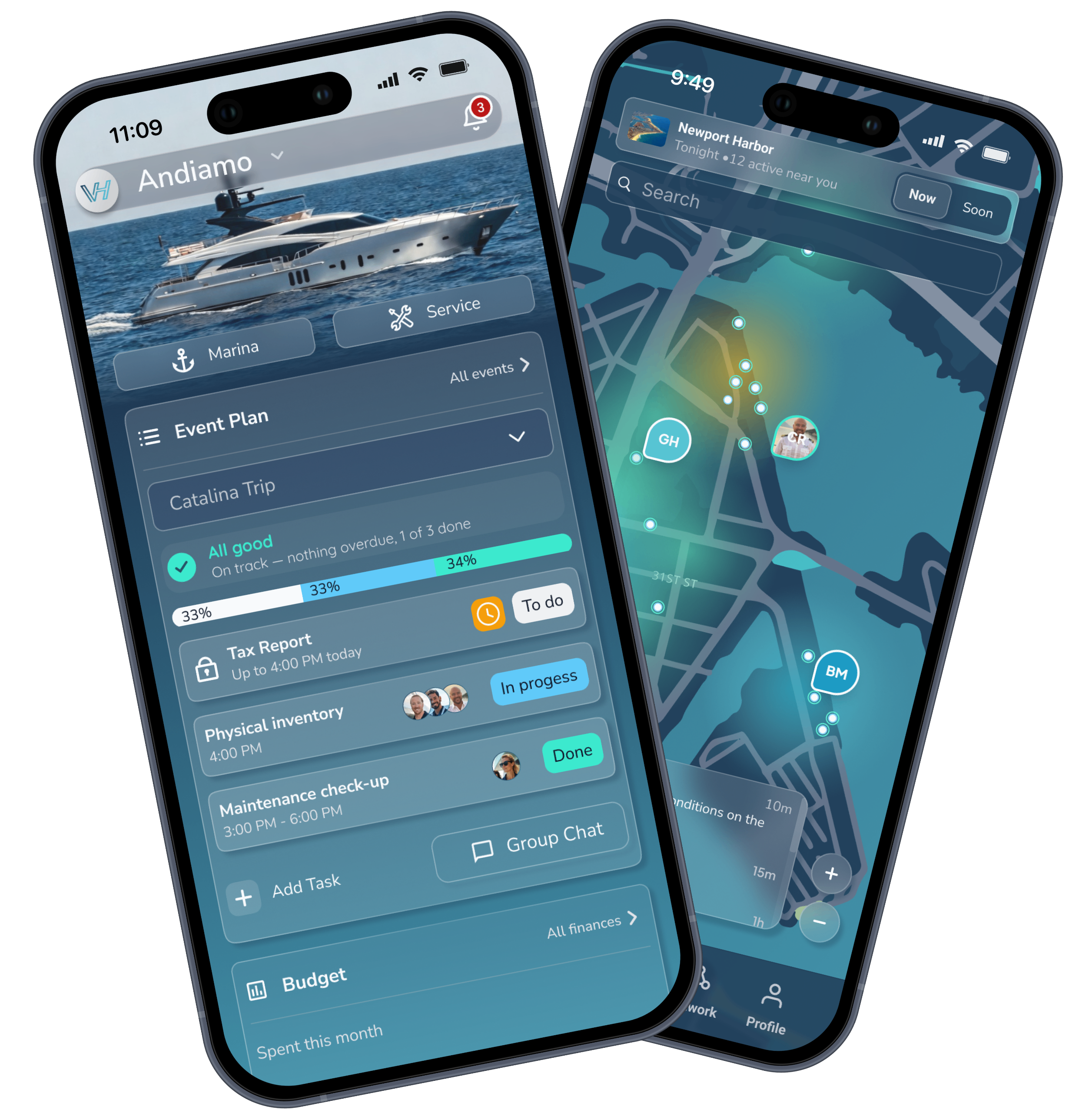 VesselHaven mobile app showing the Andiamo yacht dashboard with an event plan and budget, alongside a harbor map of nearby people and events