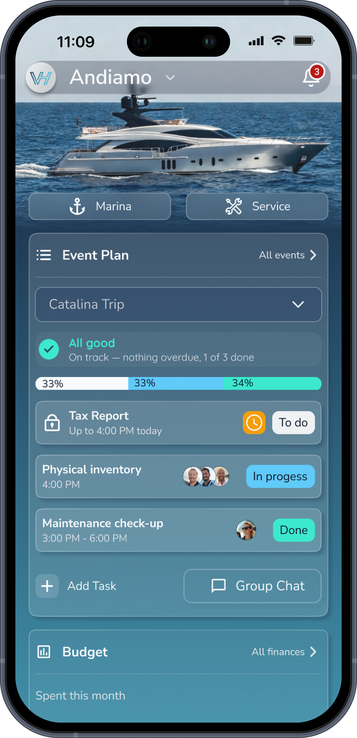VesselHaven yacht dashboard showing the Andiamo vessel, a Catalina Trip event plan with crew task statuses, and the monthly budget