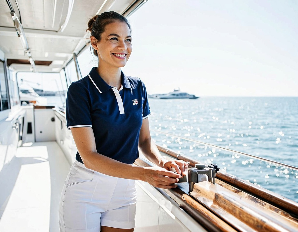 Yacht crew member in uniform smiling on deck aboard a luxury yacht
